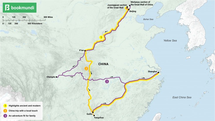 An overview map of the routes of 10 day China itineraries