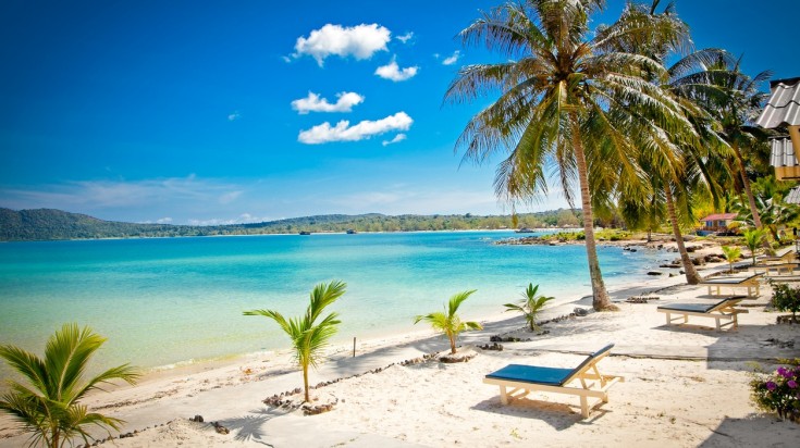 Sunbeds next to trees on a beach overlooking the ocean in Koh Rong. 