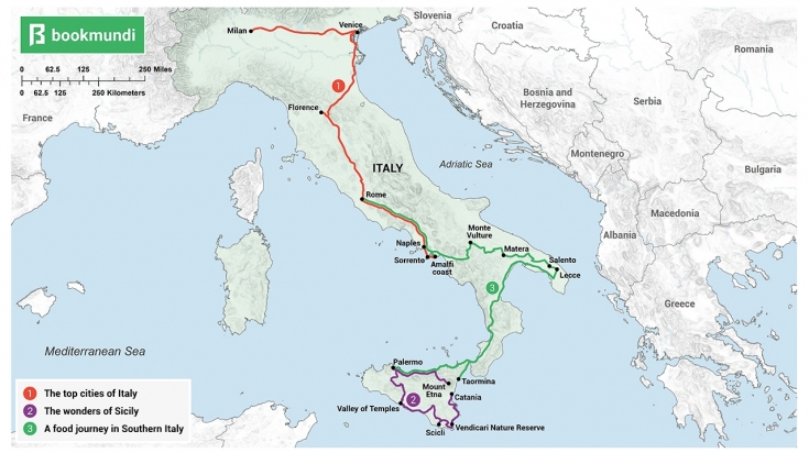 An overview map of 2 weeks in Italy