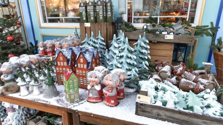 A Christmas market stall selling ornaments and artifacts during December in