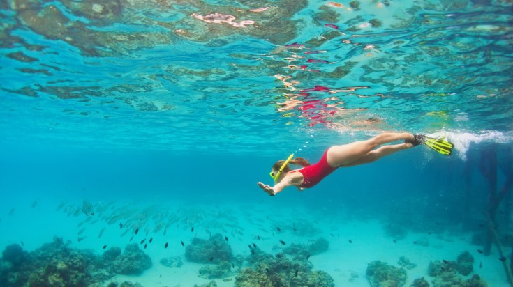 A girl snorkeling to see fishes and coral reefs in Baa Atoll on January.