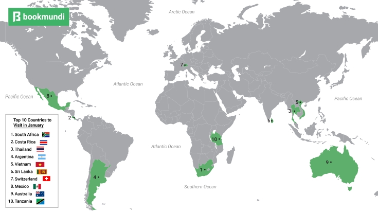 A world map showing the top places to visit in January.