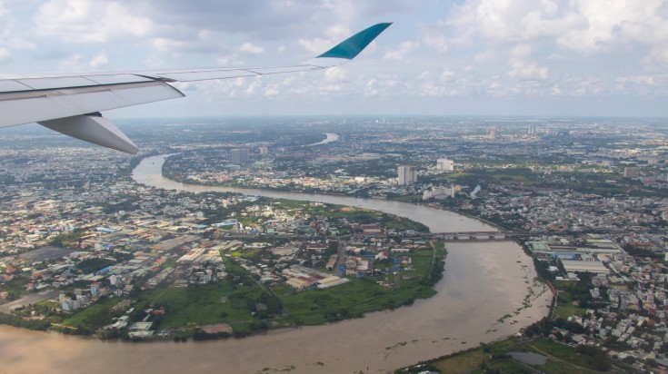 Aerial shot of Ho Chi Minh City from a plane.