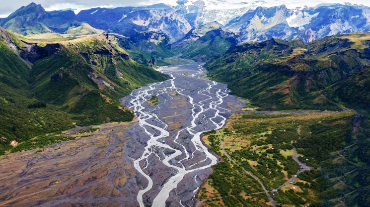 Aerial view of Thórsmörk, the final destination in the Laugavegur trail.