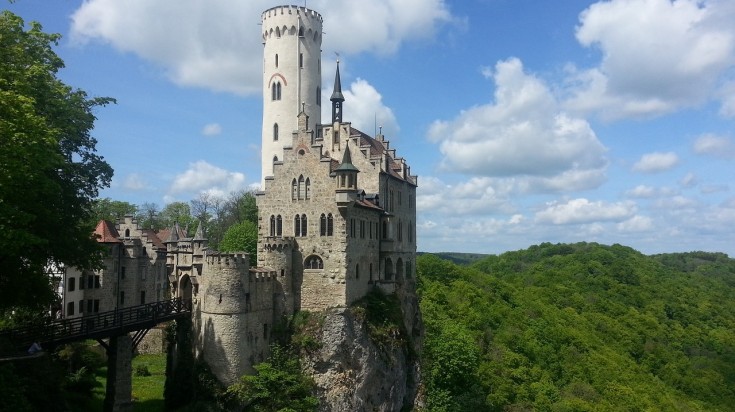 Lichtenstein castle sits atop a rugged cliff on the Albsteig hiking trail