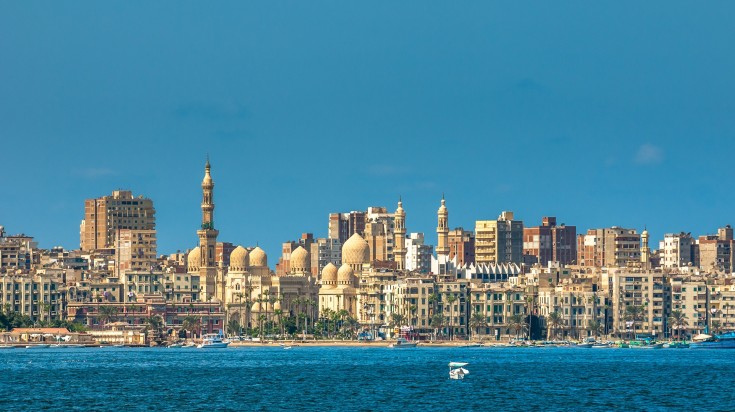 View of Alexandria harbor in Egypt during a clear day.