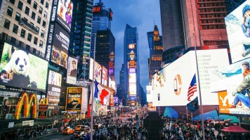 Crowd in the busy section of Times Square in USA