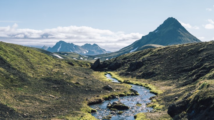 An amazing landscape with lush vegetation on the Laugavegur trail.