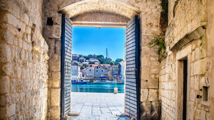 An architecturally beautiful door in the Old Town of Trogir.