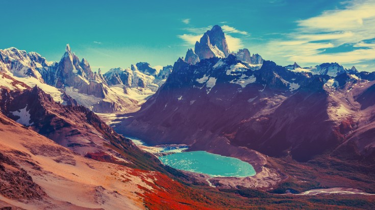 Amazing autumn landscape with Fitz Roy and Cerro Torre mountains. Los Glaci