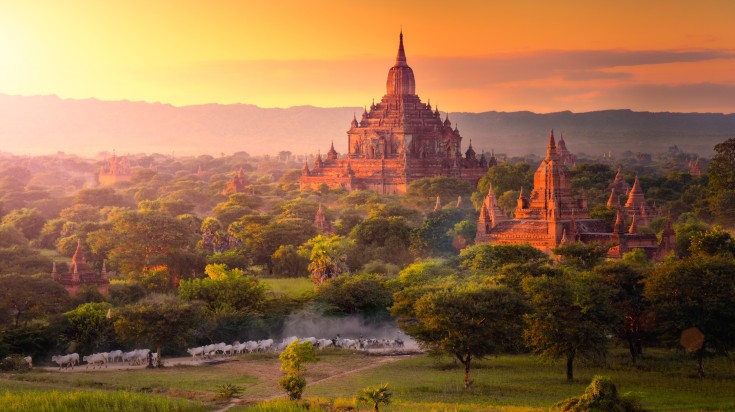 Pagoda landscape in the plain of Bagan during autumn season in Myanmar.