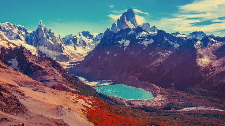 Autumn landscape with Fitz Roy and Cerro Torre mountain in Patagonia.