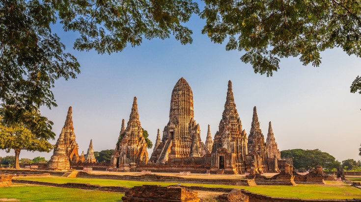 Wat Chaiwattharam at Ayuthhaya Historical Park during a clear day in Thaila