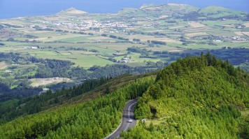 A car on a black-topped road surrounded by lush landscape
