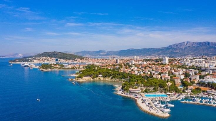 Panoramic view of Bacvice Beach in Split on a clear day. Bacvice Beach in Split; one of the top places to visit in Croatia.