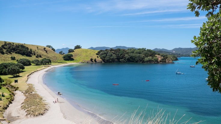 A bright sunny day at a beach in Bay of Islands with boats on the water.