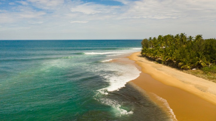 Aerial view of beautiful tropical beach in Arugam Bay in Sri Lanka.
