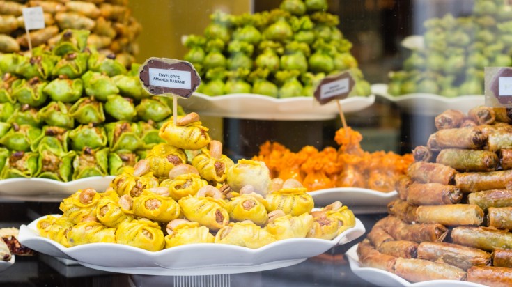 Traditional Belgium desserts displayed at Christmas market in Belgium