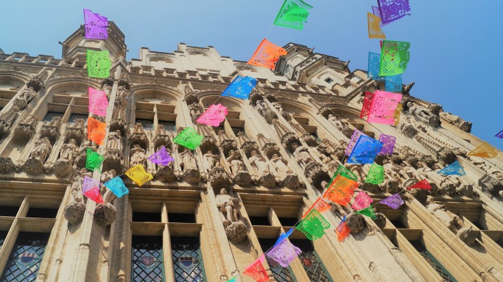 Summer festival decoration at Grand Place in Brussels in Belgium in August.