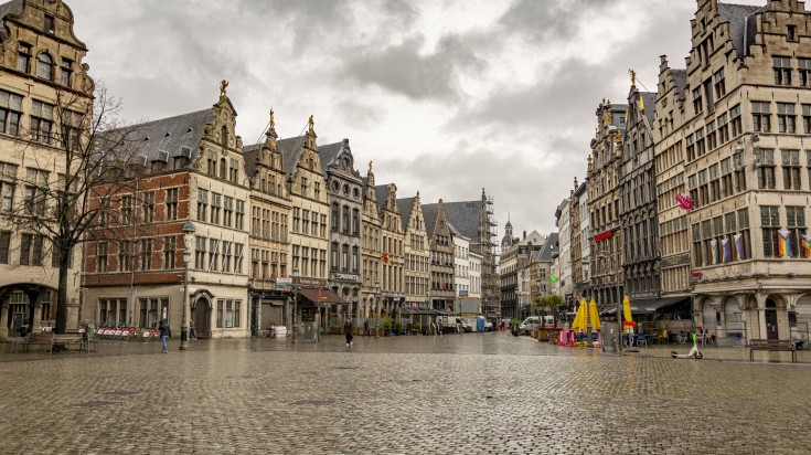 Old central square at Antwerp in a cloudy rainy day in Belgium in November