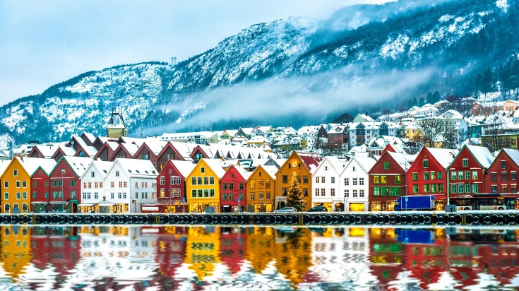 The winter view of Bergen in Norway.