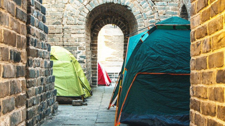 Tents of various colors put up at the Great Wall of China