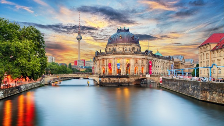 The Bode Museum on the Spree river during the evening in Germany. 