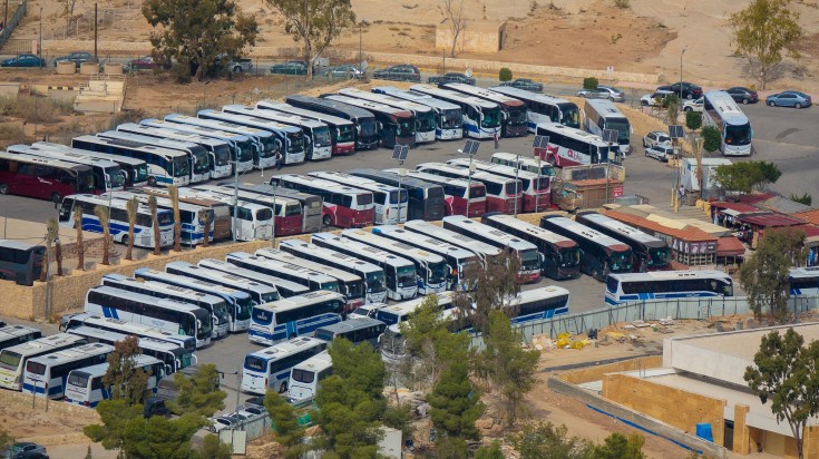 A huge number of bus at the stop in Petra, Jordan.