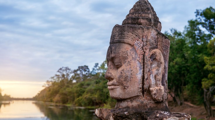 Statues in the South Gate of Angkor Wat in Cambodia.