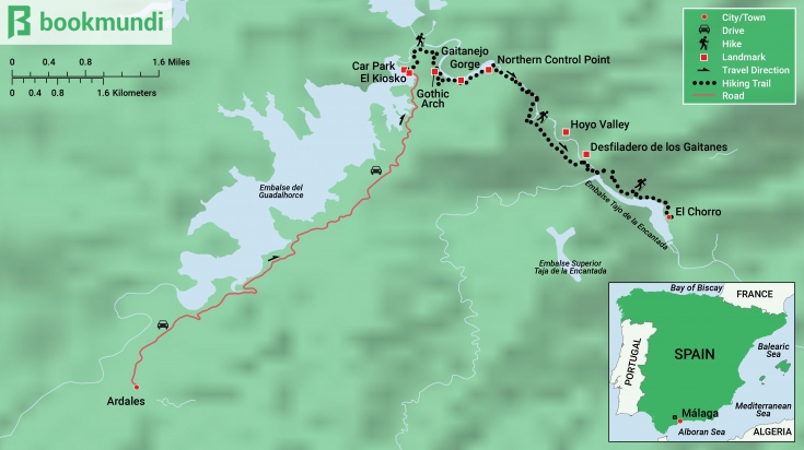Caminito del Rey Trek map showing the start and end location, vehicular route, trekking trail and important landmarks. Caminito del Rey Trek Map