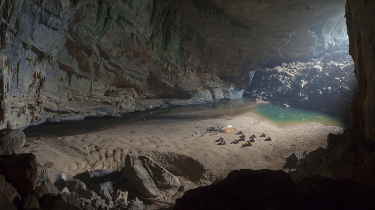 Campsite in the dark Hang En cave of Phong Nha Ke Bang National Park.