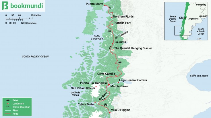 Stretching 1,240 km through Chile, from Puerto Montt to Villa O’Higgins in Patagonia, Carretera Austral is the ultimate road trip. Find places to stop in this road trip in the map. Carretera Austral Road Trip