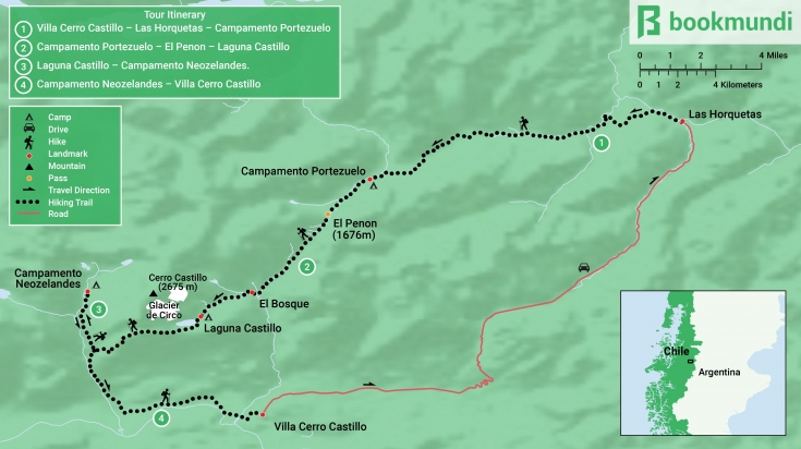 A trek near the base of Cerro Castillo is one of the most sought after trekking routes in the Patagonia region of Chile. The map shows the entire route, the start and end location, places to camp, important landmarks, trekking trail and vehicular routes as per the itinerary. Cerro Castillo Trek Map