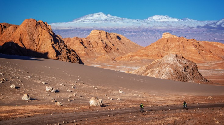 Explore the arid desert on mountain bikes every day. Pedal through the hostile terrain of the Atacama Salt flats and observe flamingos in their harsh natural habitat. two people cycle through a track of an arid landscape