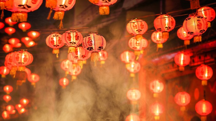 Red lanterns with smoke during new year in China in February.