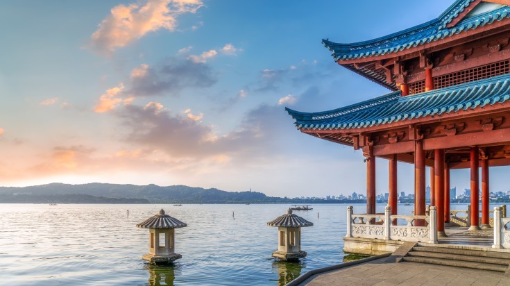 Classic Chinese architecture in red at Hangzhou in China in March.