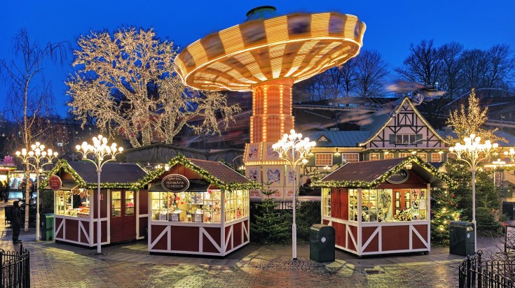 Christmas Market with Carousel in Liseberg park in Sweden in December