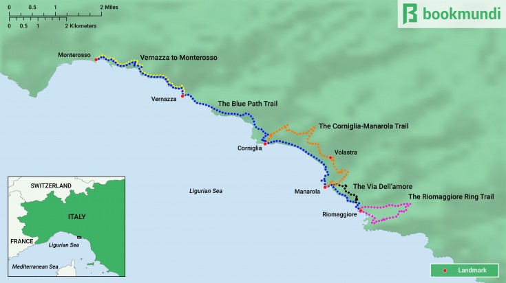 The map avails the location of five hiking trails in Cinque Terra. Cinque Terra Hiking Trails