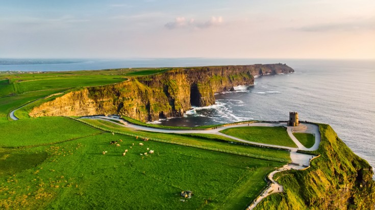 Aerial view of Cliffs of Moher on Wild Atlantic Way in Ireland.