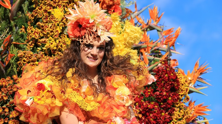 Costumed Young Woman at Madeira Flower Festival in Portugal in March.