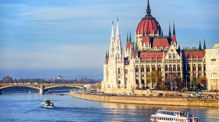 River cruises in Danube in front of the Parliament Building.