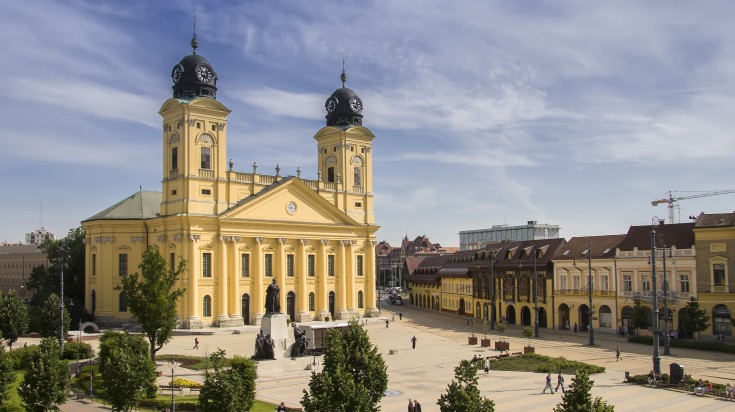 The main square of Debrecen city on a sunny day.