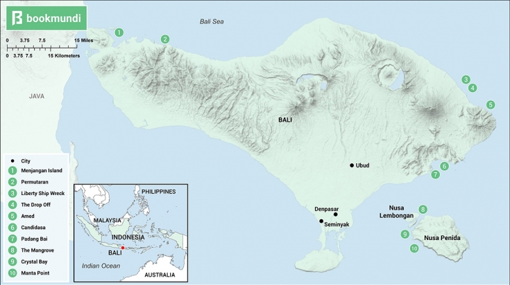 Map showing the locations for diving in Bali