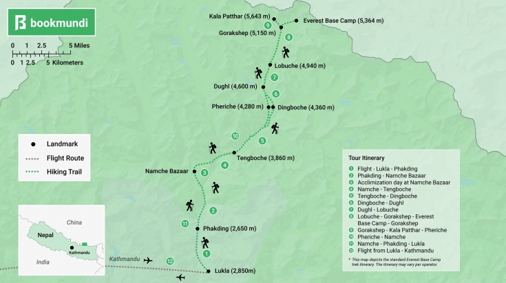 Everest Base Camp map shows the trek route, and start and end location based on a standard itinerary.