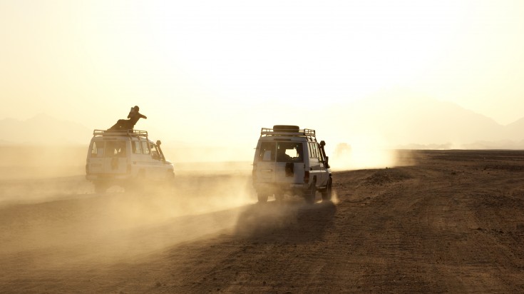 Desert safari in the sunset in Egypt in summer.