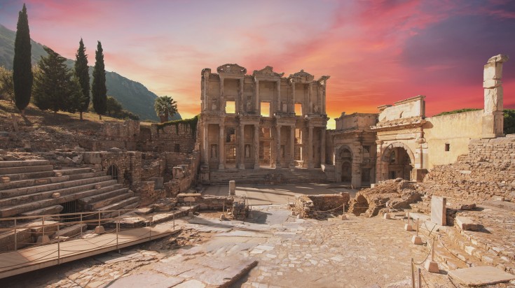 The Celus library during sunset and under a red sky.