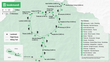 The map shows the trekking route for Everest Base Camp 3 Passes trek, along with landmarks, start and end points. Everest Base Camp 3 Passes trek Map