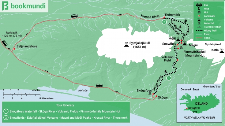 Map detailing the Fimmvorduhals trekking trail Map of Fimmvorduhals trek in Iceland