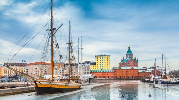 Uspenski eastern orthodox cathedral church and old port in Helsinki