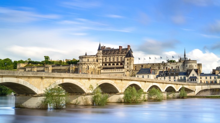 A medieval castle and bridge on Loire river in France